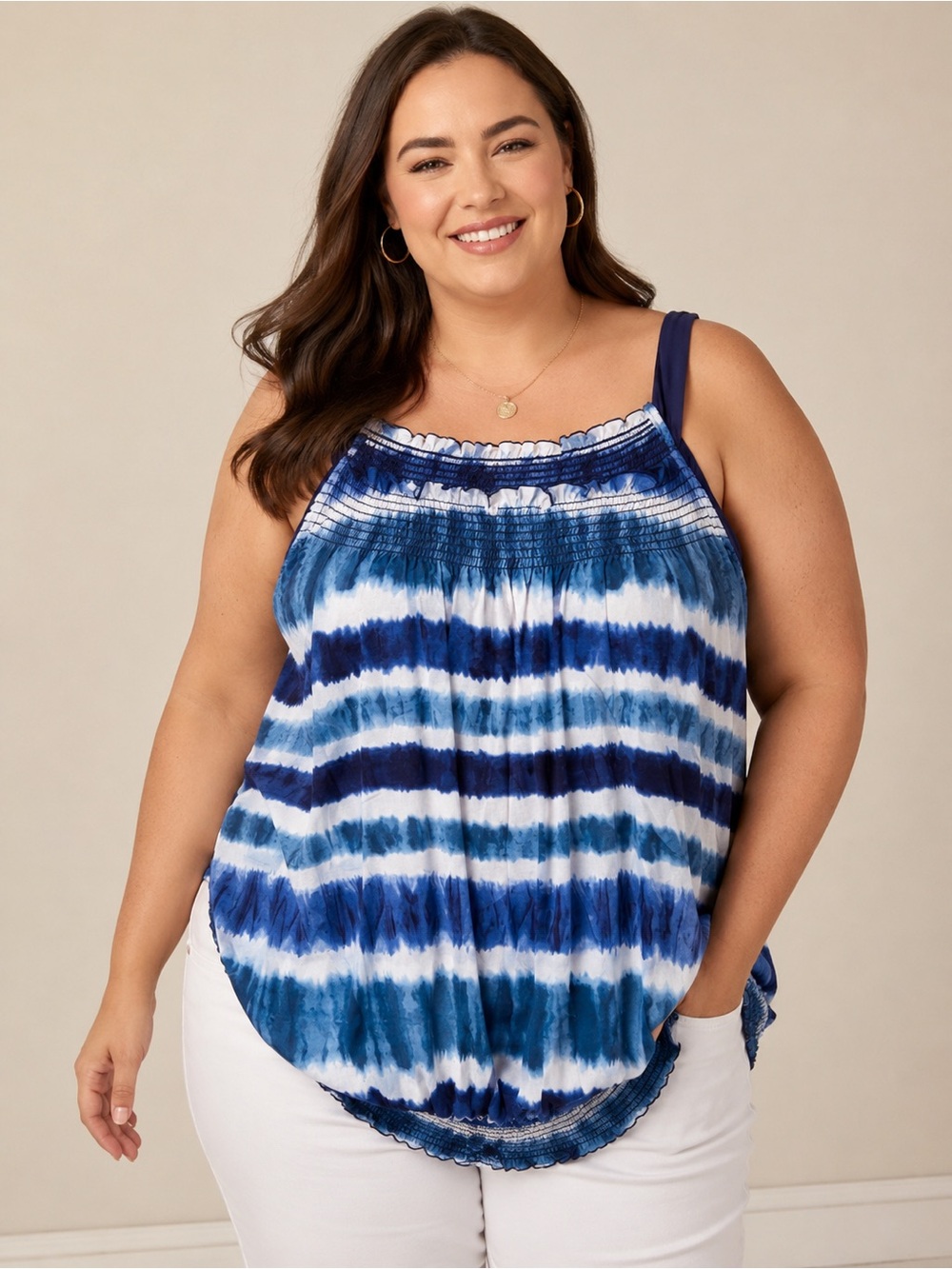 Cato Plus 26/28W Boho Tie Dye Bubble Hem Sleeveless Peasant Top Blue White